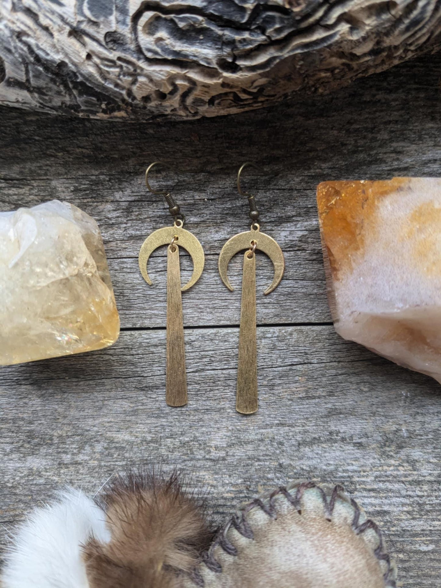 Golden Brass Moonbeam Dangle Earrings