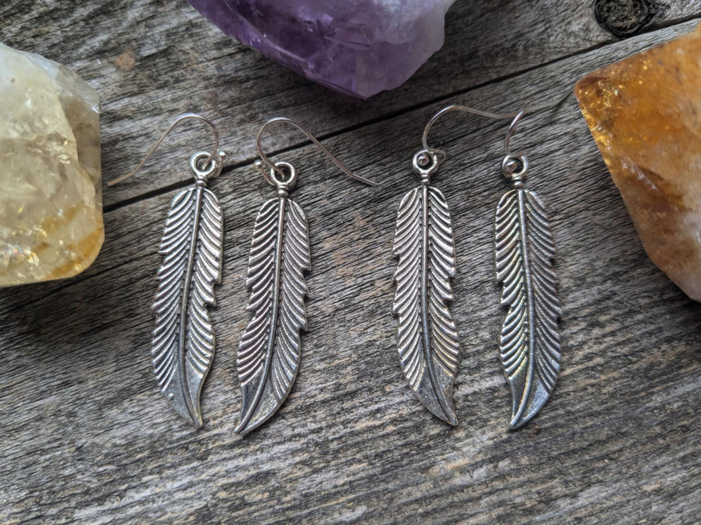 Long Silver Feather Earrings