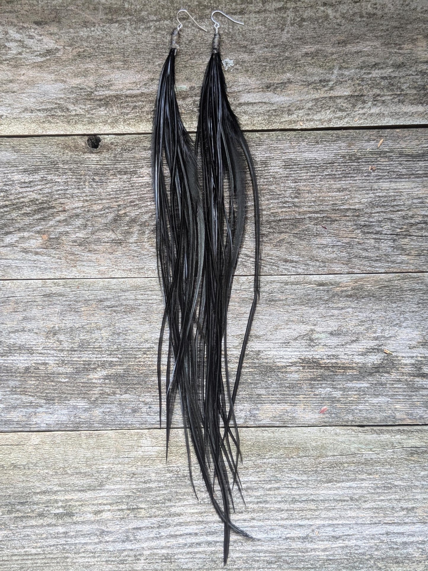 Extra Long Black Feather Earrings