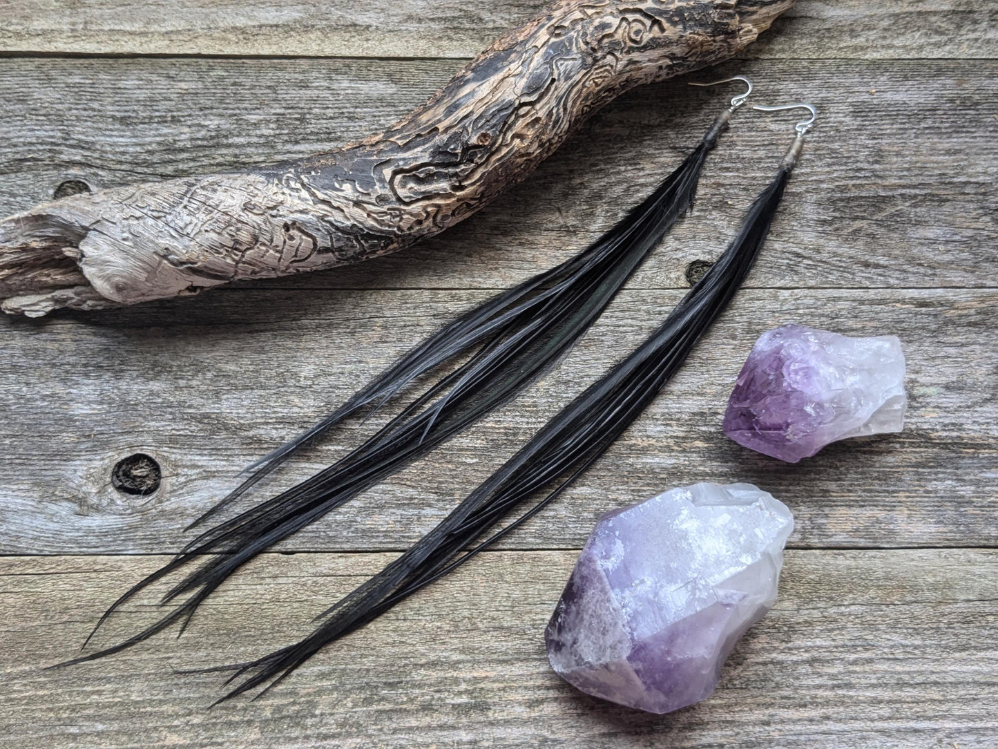 Extra Long Black Feather Earrings
