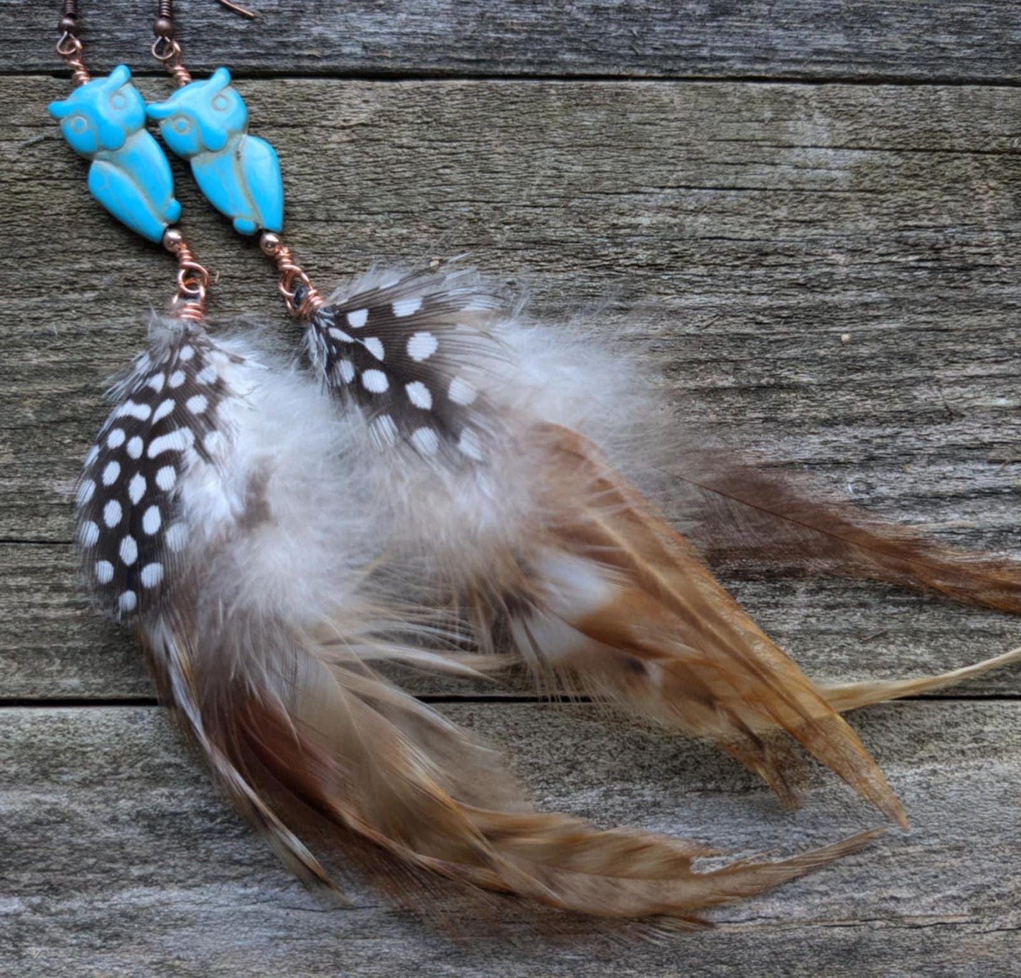 Turquoise Howlite Owl Feather Dangle Earrings