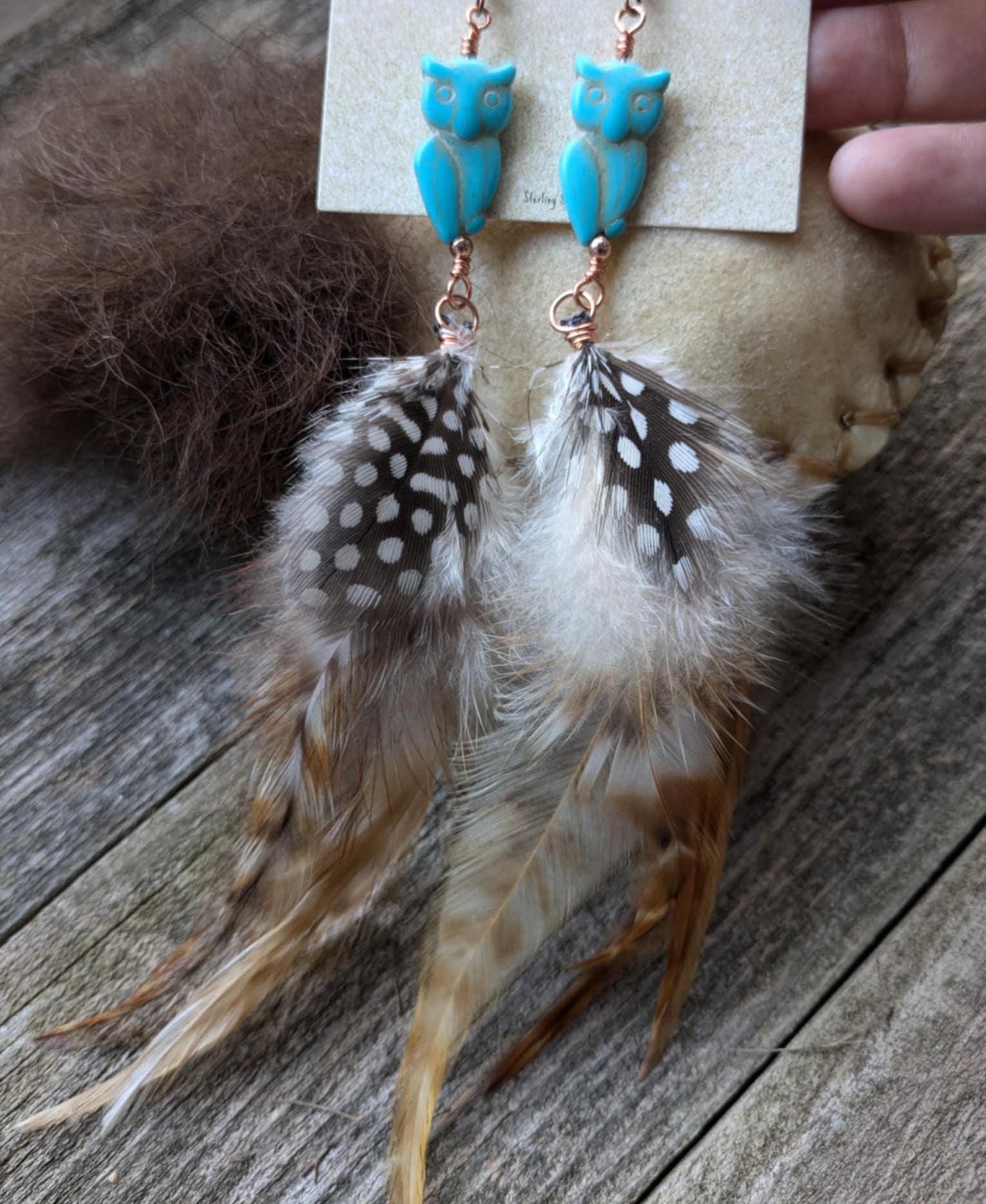 Turquoise Howlite Owl Feather Dangle Earrings