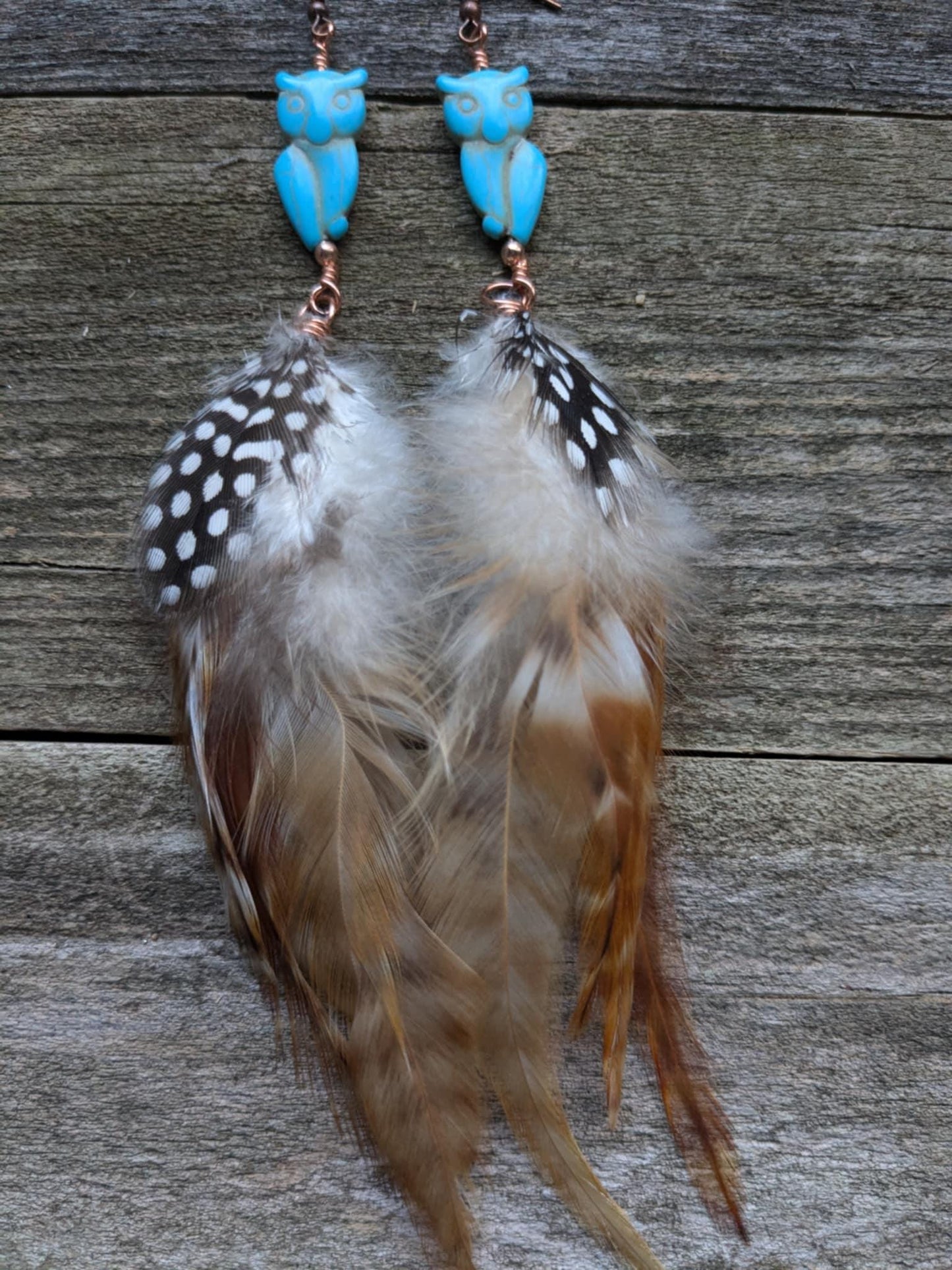 Turquoise Howlite Owl Feather Dangle Earrings