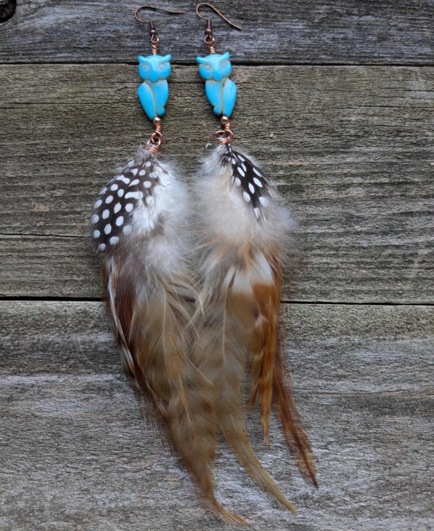 Turquoise Howlite Owl Feather Dangle Earrings