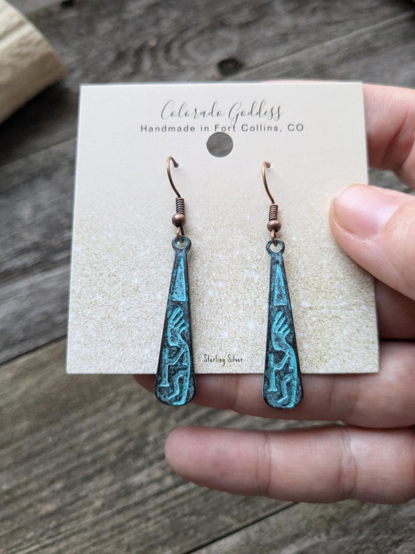 Kokopelli Turquoise Patina Dangle Earrings