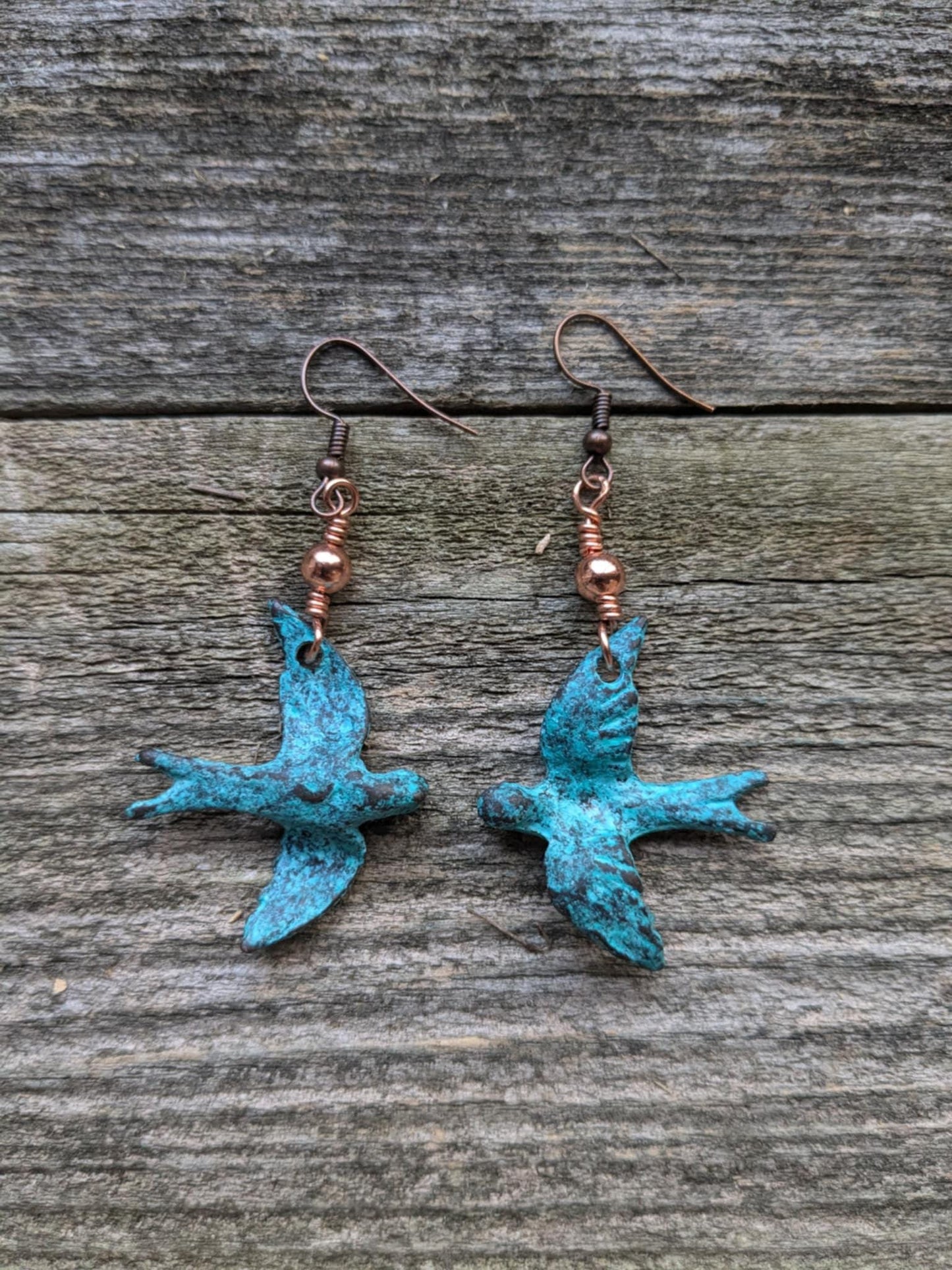 On the Wing, Blue Patina Bird Dangle Earrings