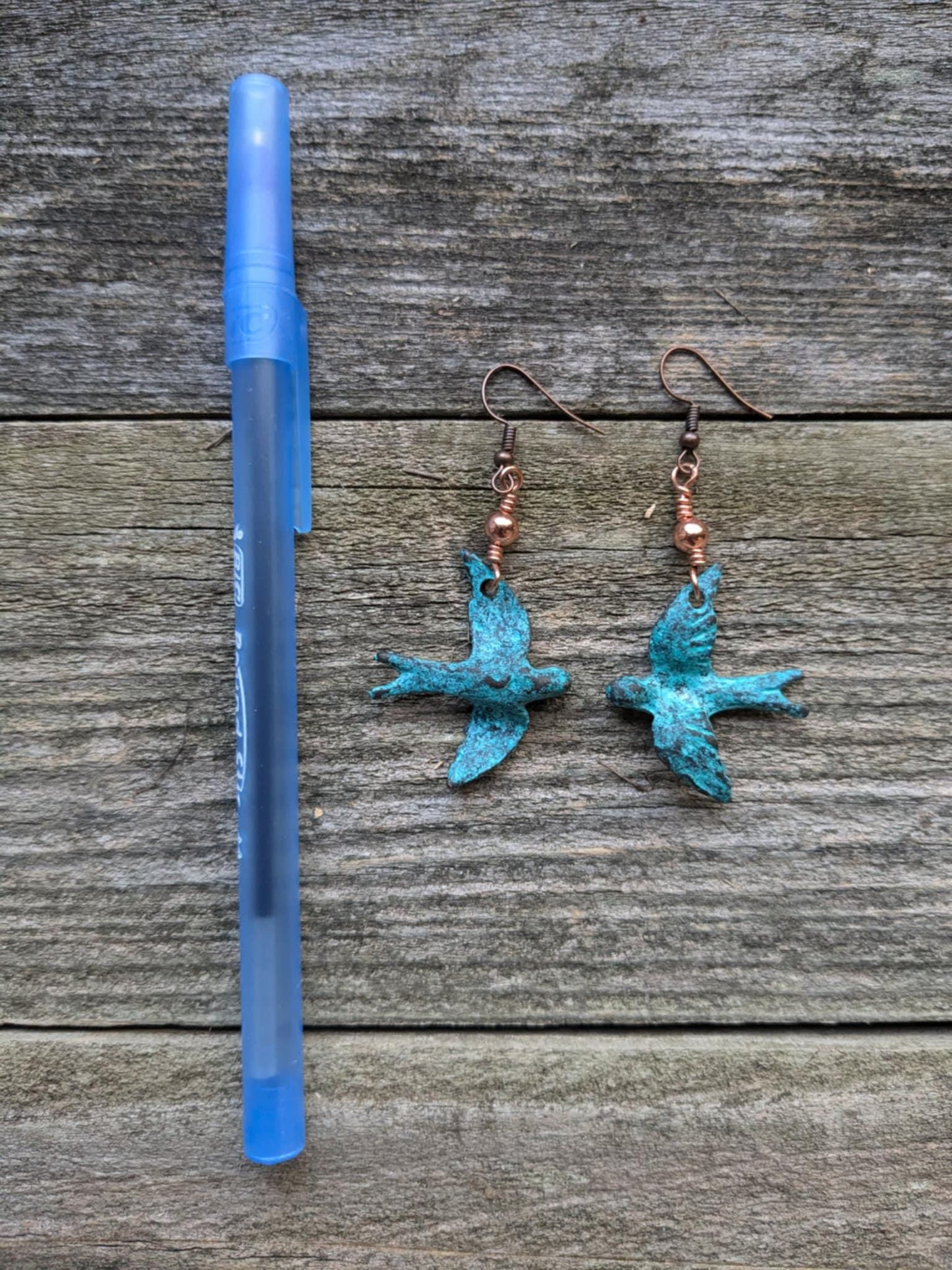On the Wing, Blue Patina Bird Dangle Earrings