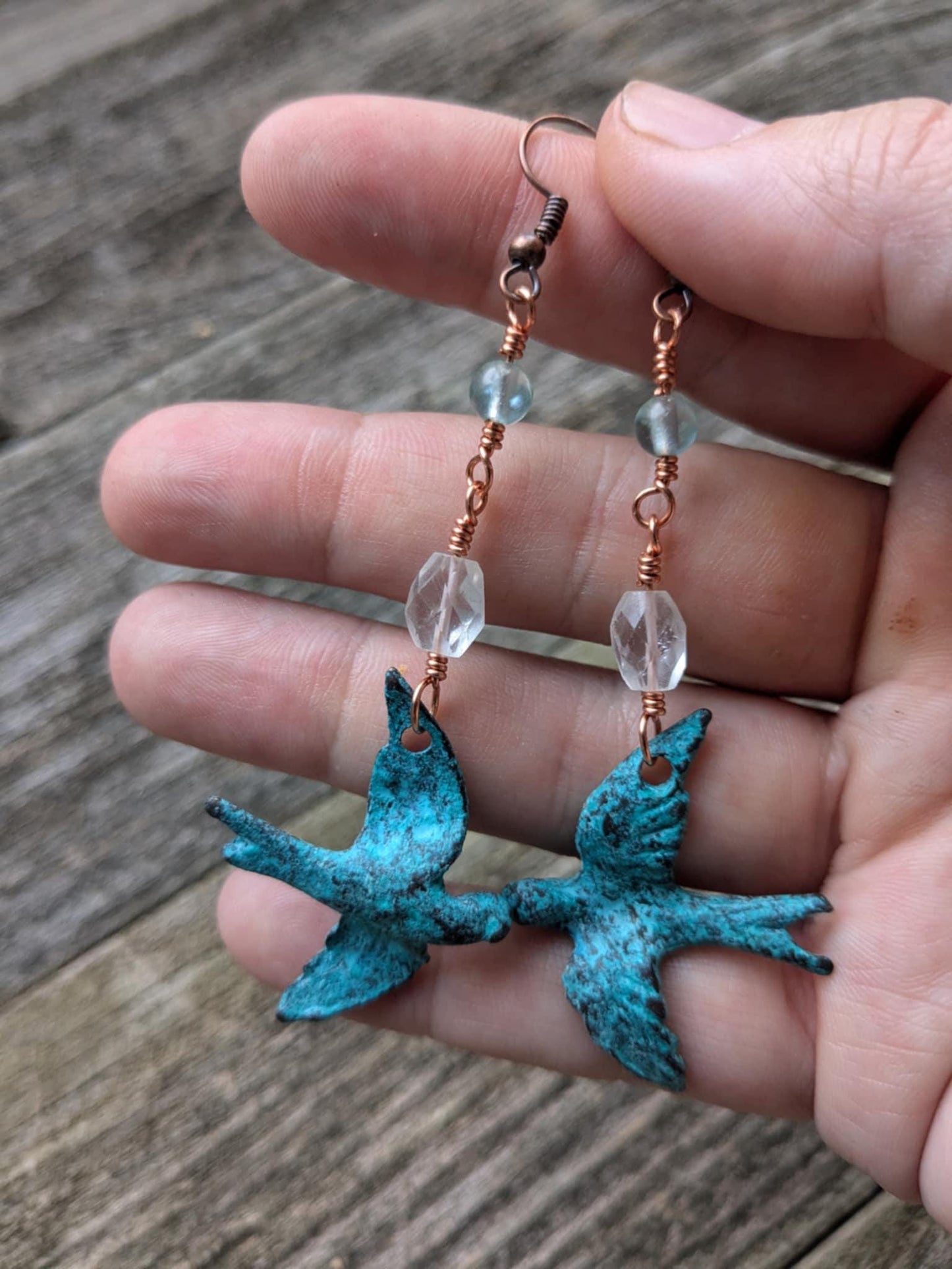 On the Wing, Blue Patina Bird Dangle Earrings with Clear Quartz and Blue Apatite