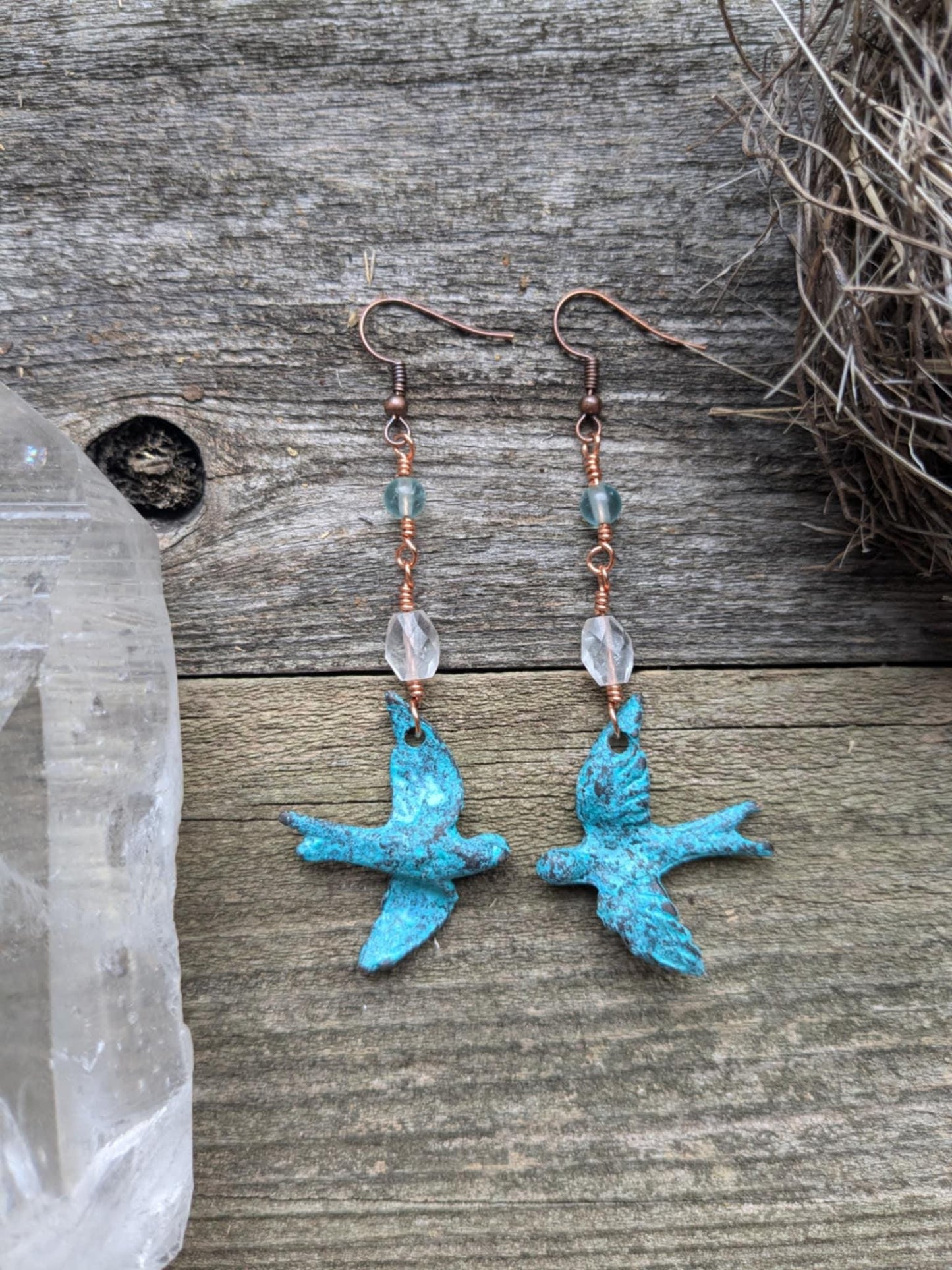 On the Wing, Blue Patina Bird Dangle Earrings with Clear Quartz and Blue Apatite