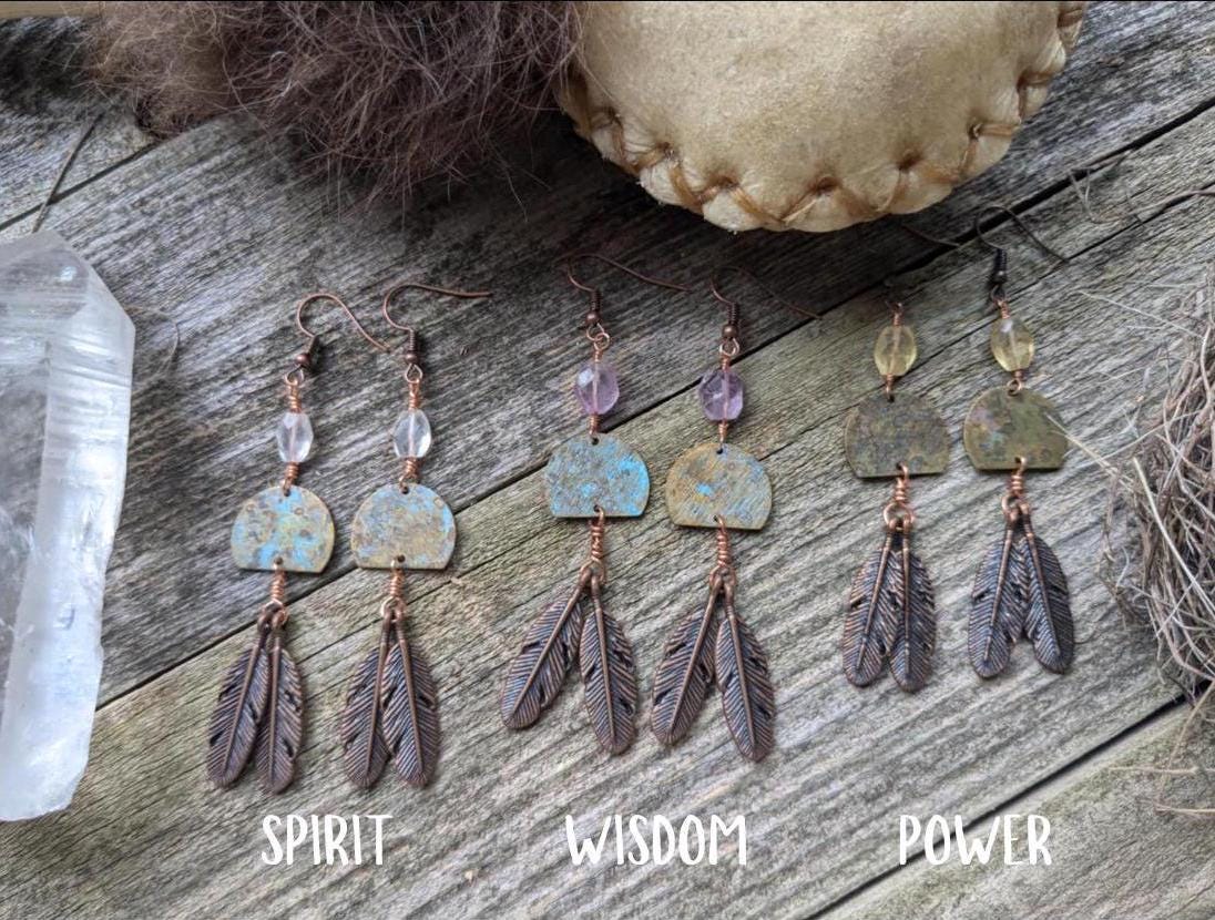 Boho Moon and Copper Feather Earrings