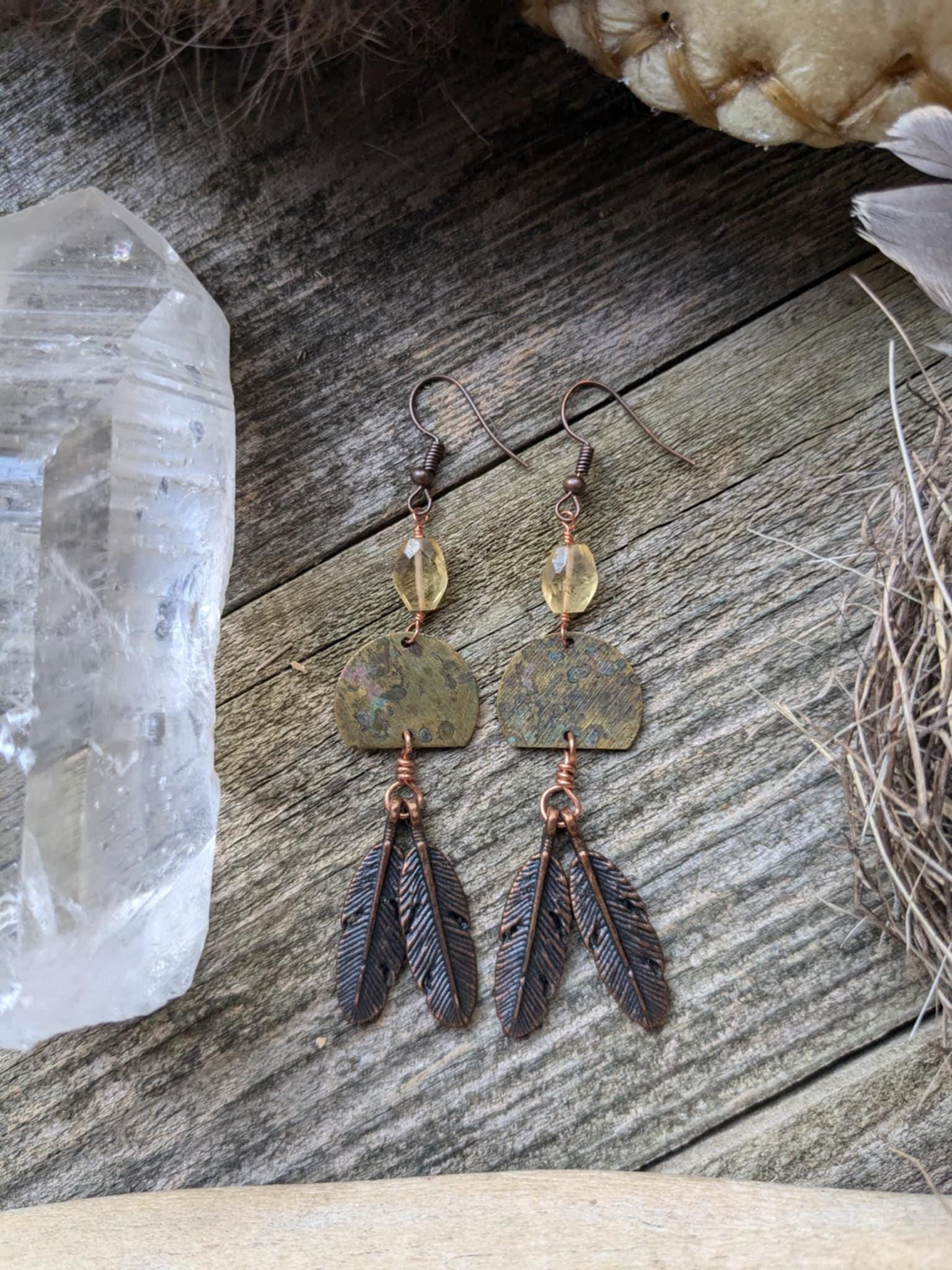 Boho Moon and Copper Feather Earrings