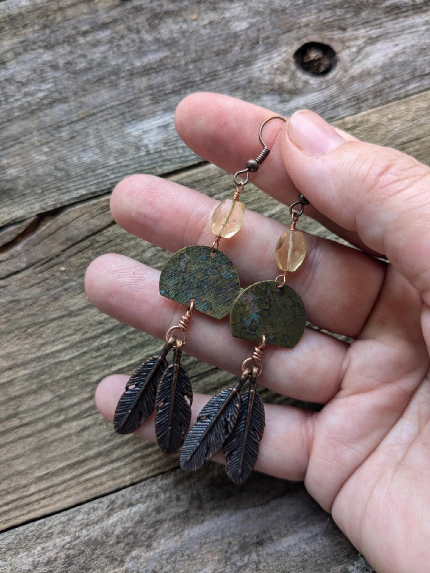 Boho Moon and Copper Feather Earrings
