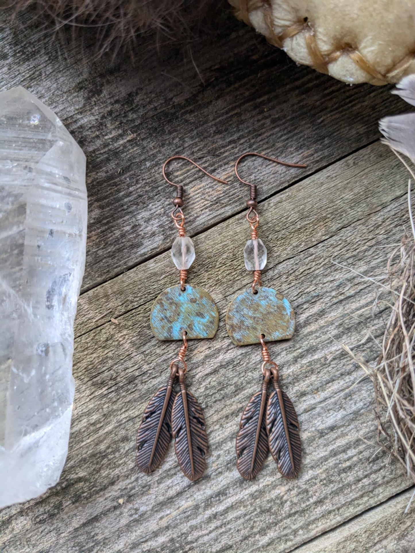 Boho Moon and Copper Feather Earrings