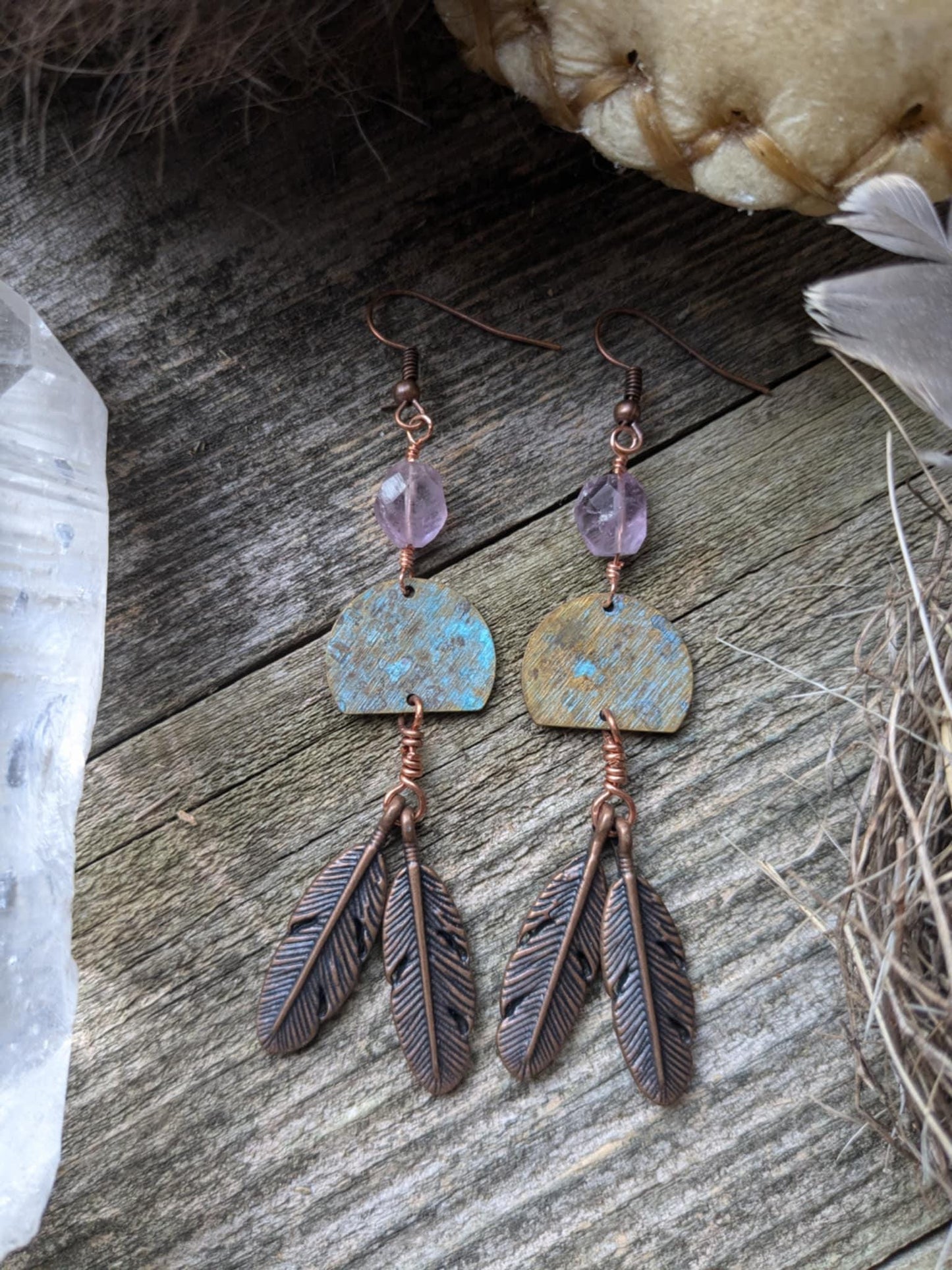 Boho Moon and Copper Feather Earrings