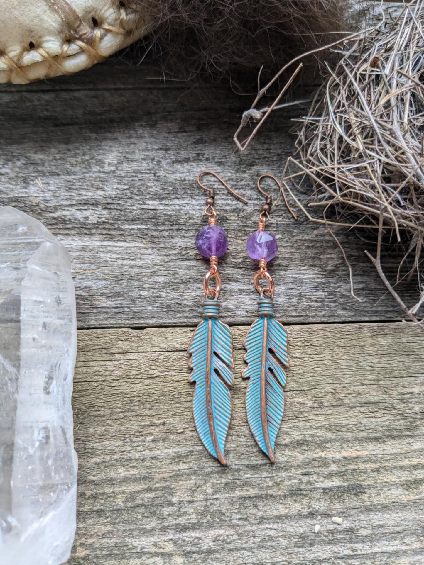 Turquoise Patina Feather Earrings w/ Amethyst