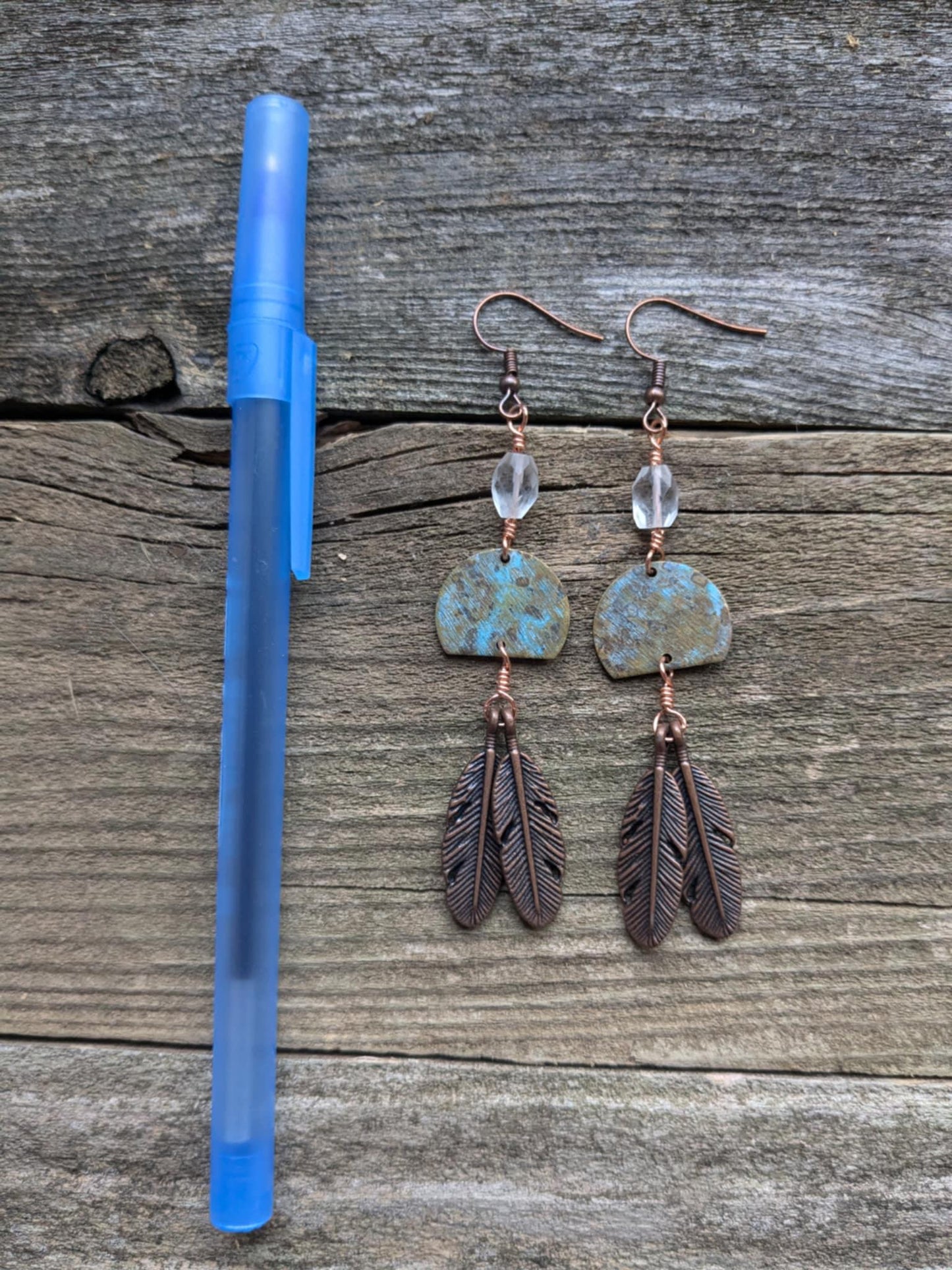 Boho Moon and Copper Feather Earrings