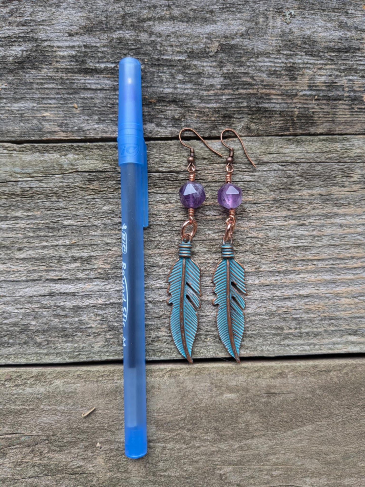 Turquoise Patina Feather Earrings w/ Amethyst