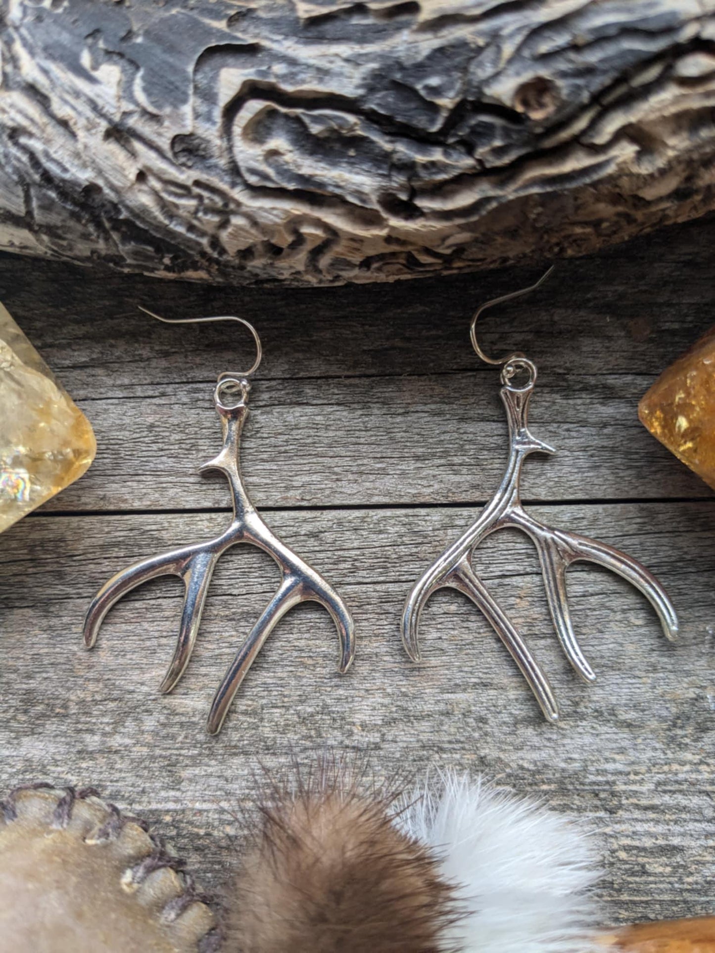 Long Silver Antler Earrings