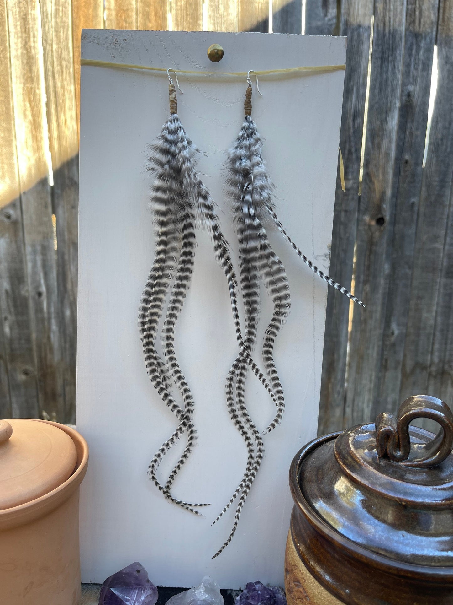 Long Handmade Feather Earrings - Natural Colors