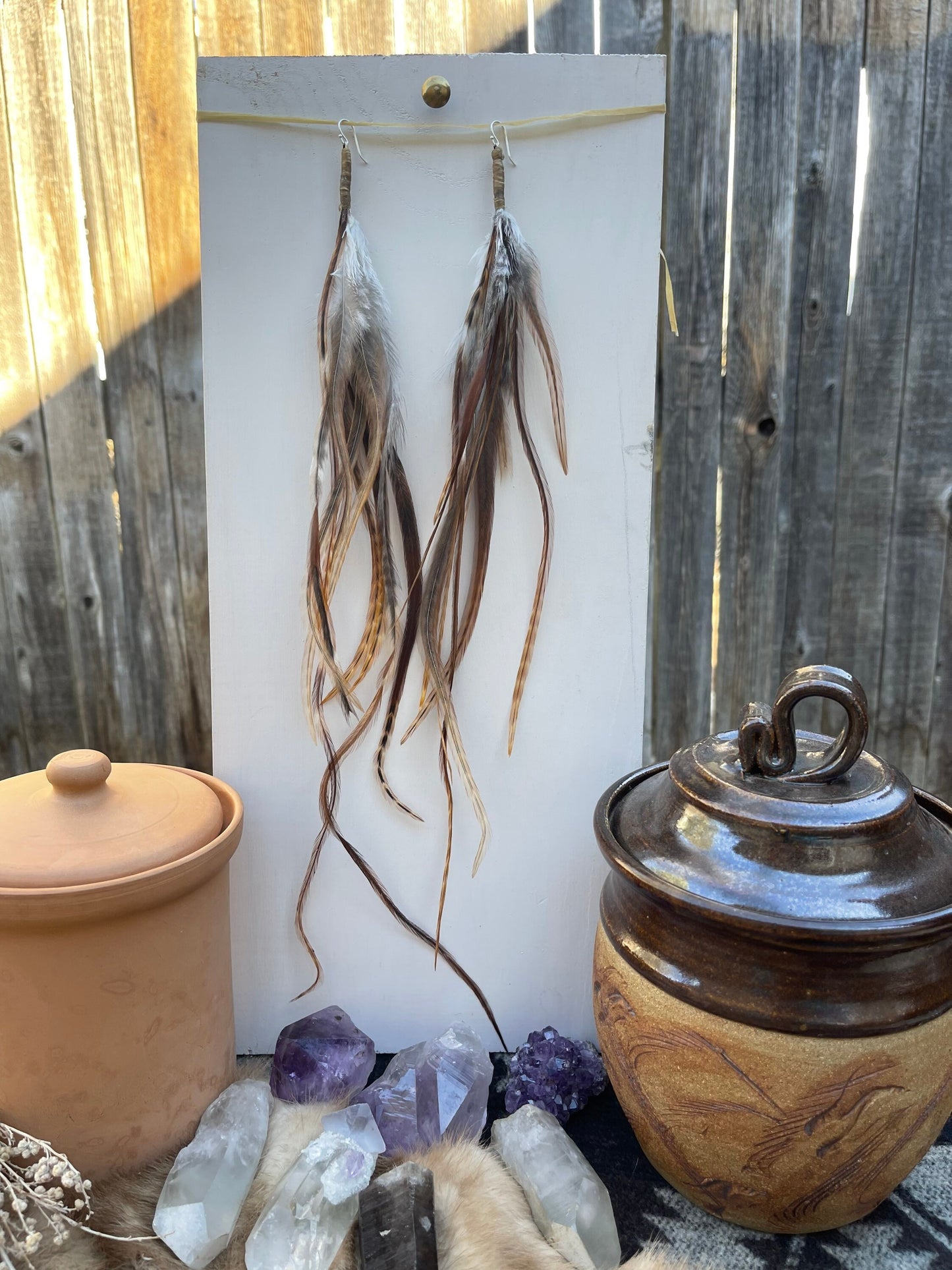 Long Handmade Feather Earrings - Natural Colors