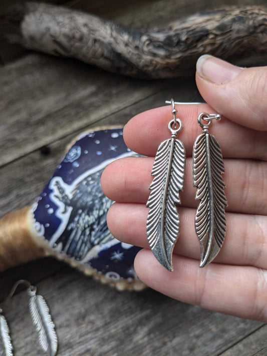 Long Silver Feather Earrings