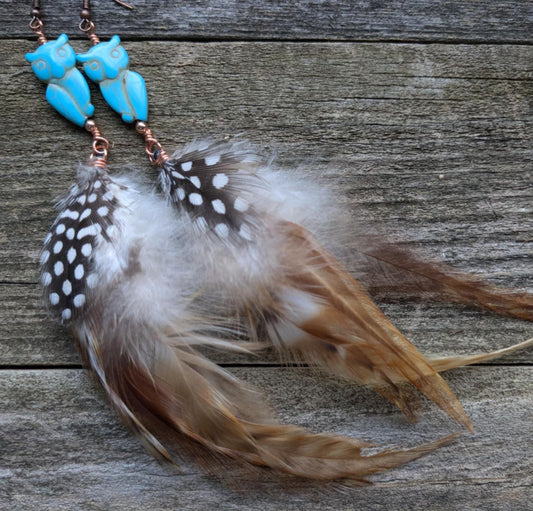 Turquoise Howlite Owl Feather Dangle Earrings
