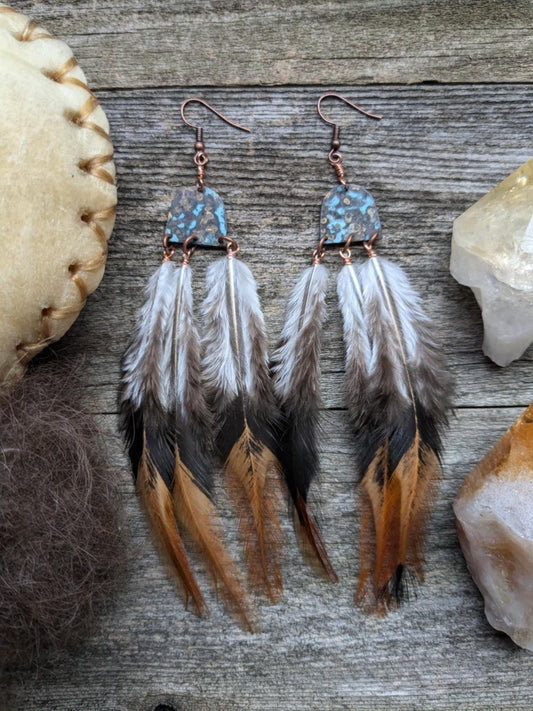 Boho Copper Feather Earrings w/patina half moons and copper hooks