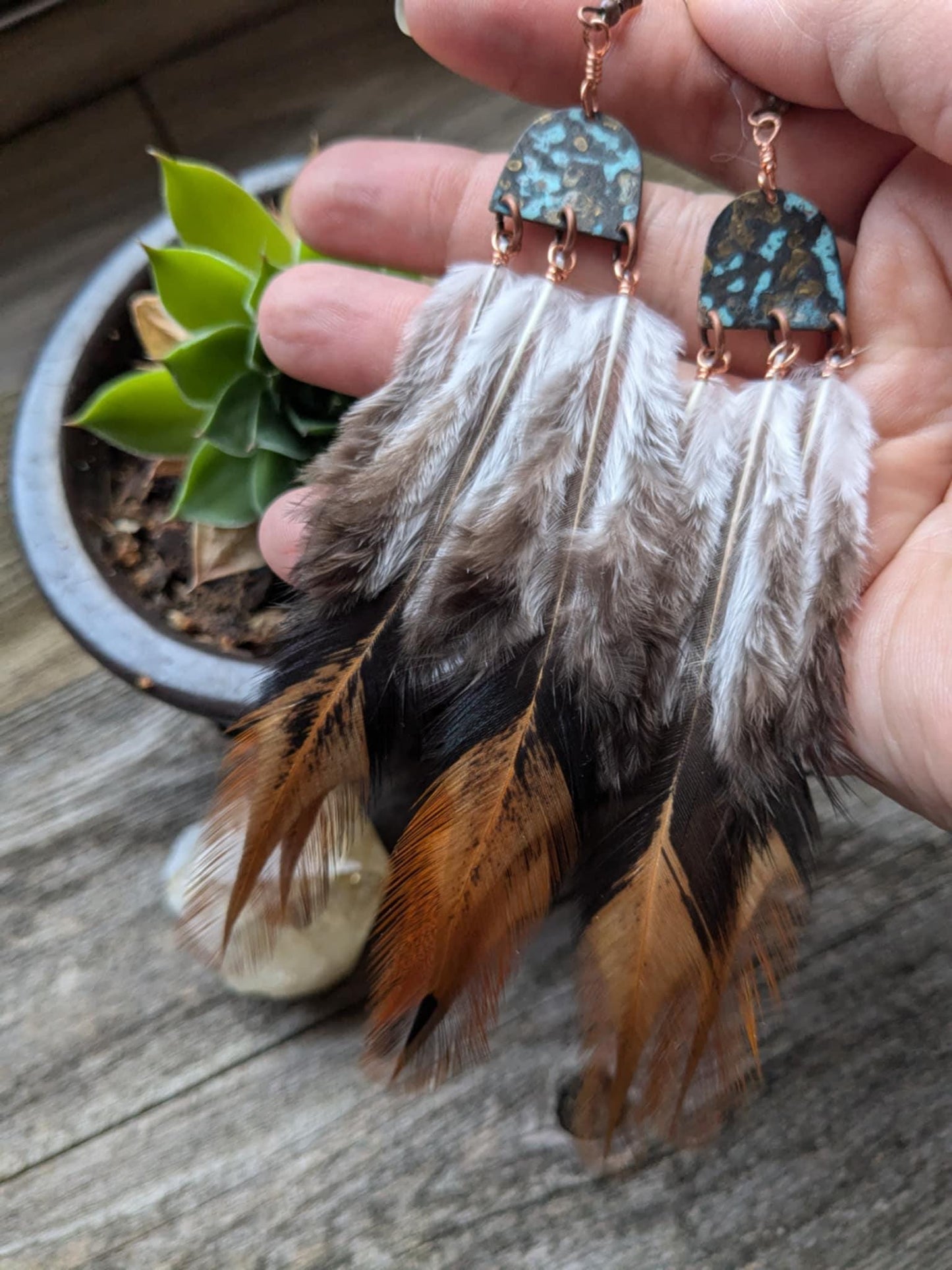 Boho Copper Feather Earrings w/patina half moons and copper hooks