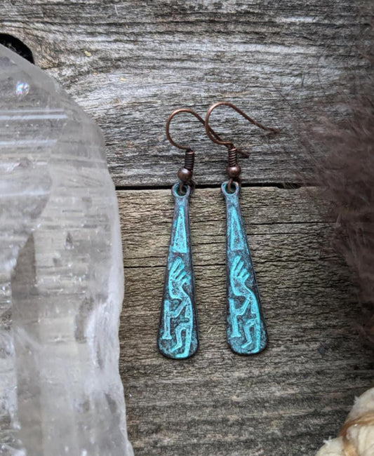 Kokopelli Turquoise Patina Dangle Earrings