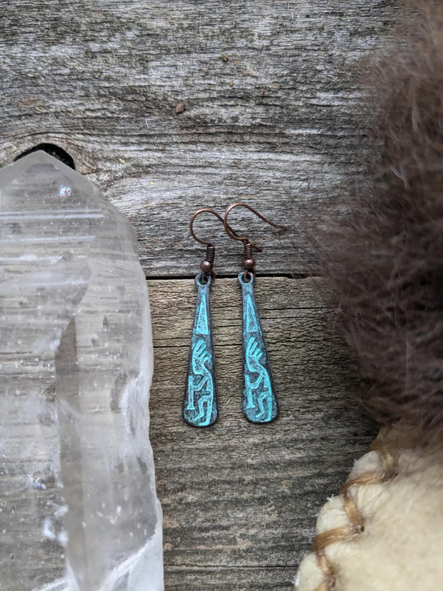 Kokopelli Turquoise Patina Dangle Earrings
