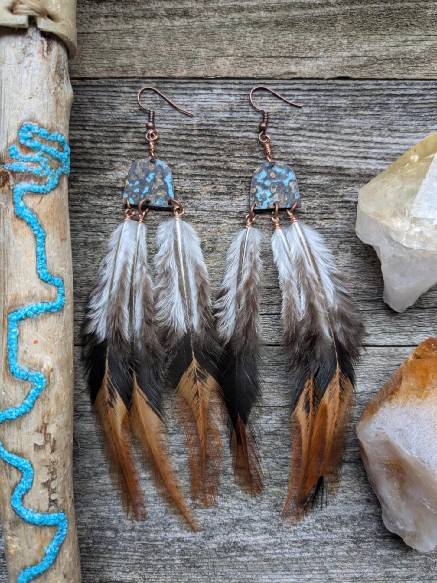 Boho Copper Feather Earrings w/patina half moons and copper hooks