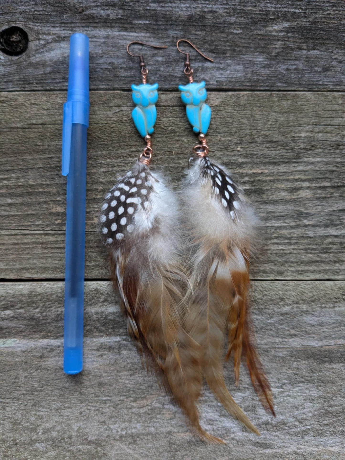 Turquoise Howlite Owl Feather Dangle Earrings