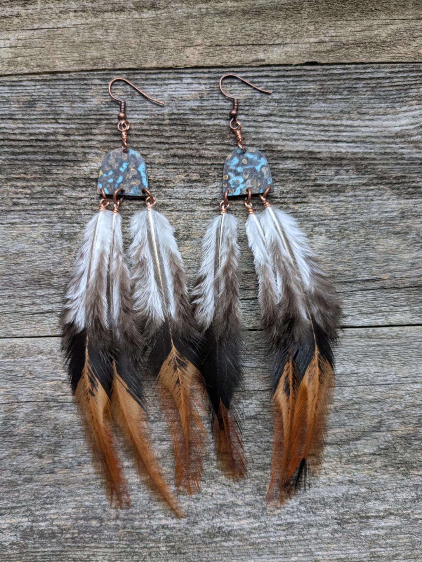 Boho Copper Feather Earrings w/patina half moons and copper hooks