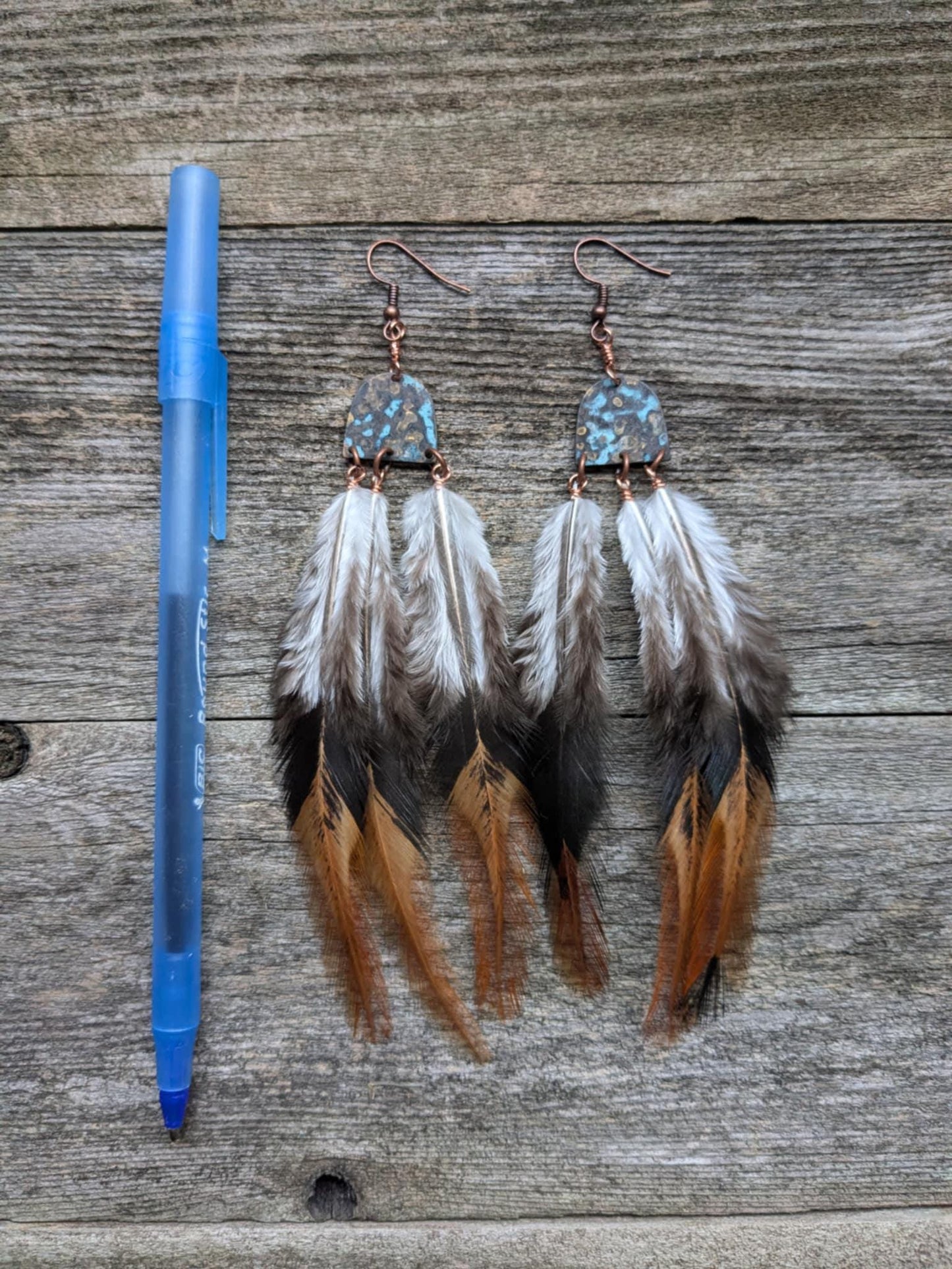 Boho Copper Feather Earrings w/patina half moons and copper hooks