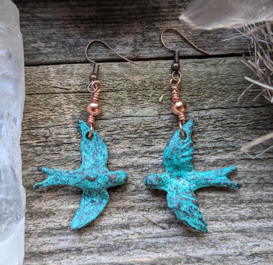 On the Wing, Blue Patina Bird Dangle Earrings