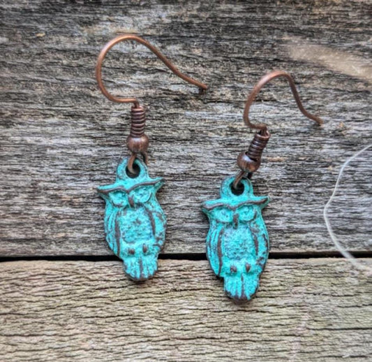 Dainty Patina Owl Earrings