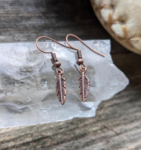 Dainty Copper Feather Earrings