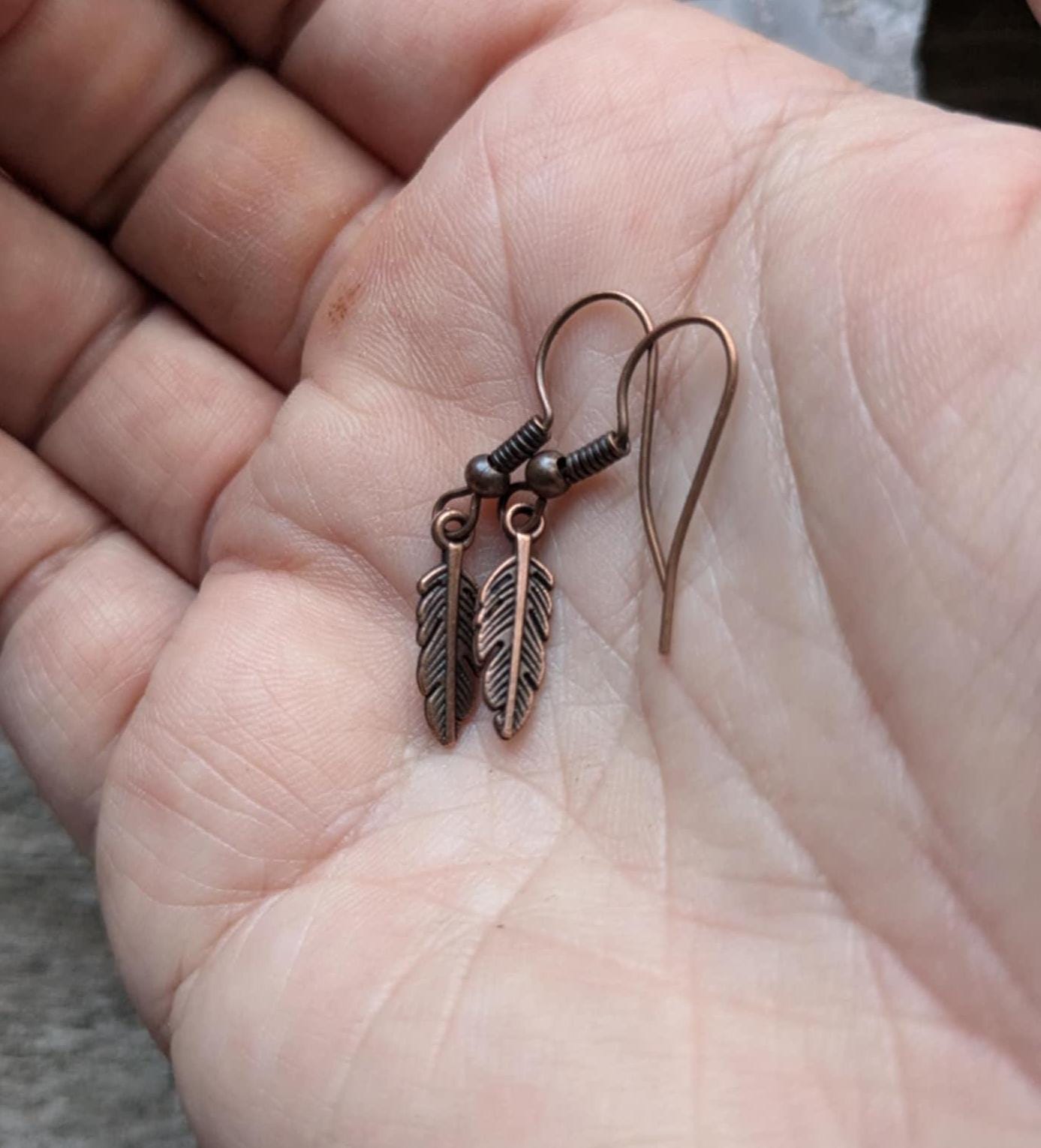 Dainty Copper Feather Earrings