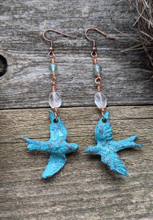 On the Wing, Blue Patina Bird Dangle Earrings with Clear Quartz and Blue Apatite