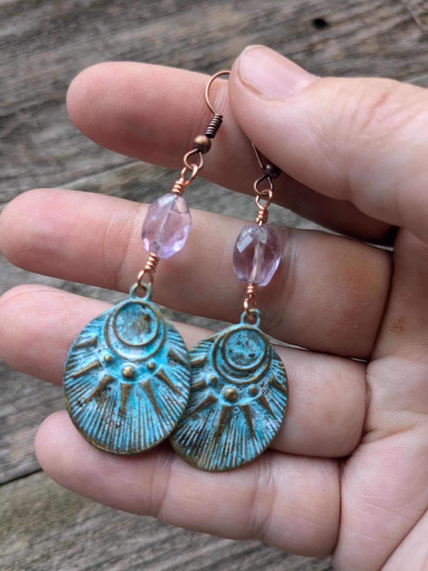 Sun and Moon Patina Dangle Earrings