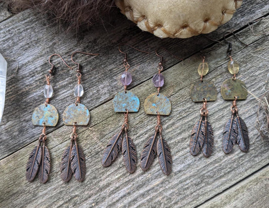 Boho Moon and Copper Feather Earrings