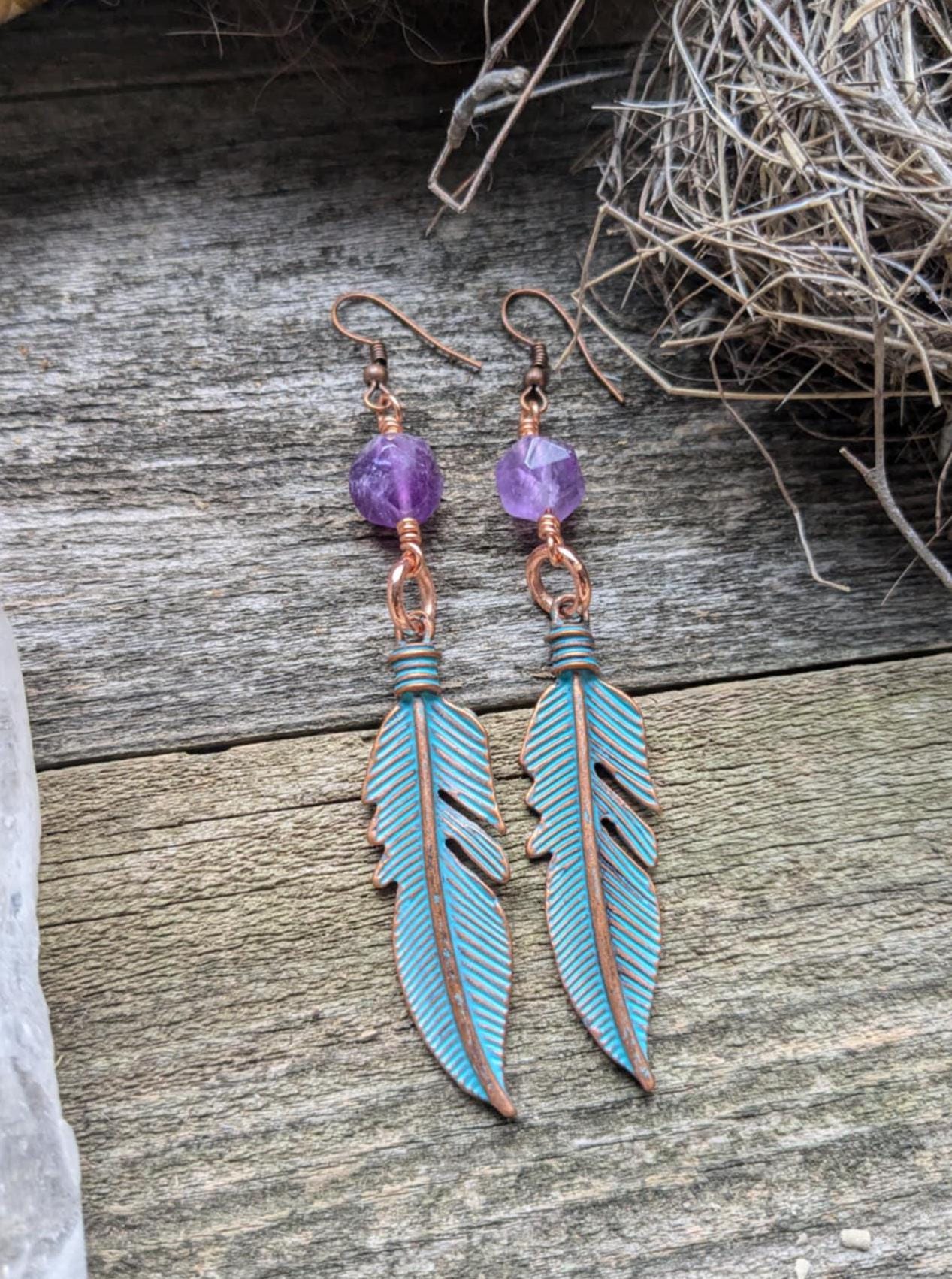 Turquoise Patina Feather Earrings w/ Amethyst