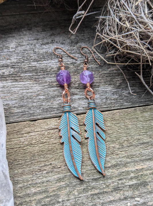 Turquoise Patina Feather Earrings w/ Amethyst