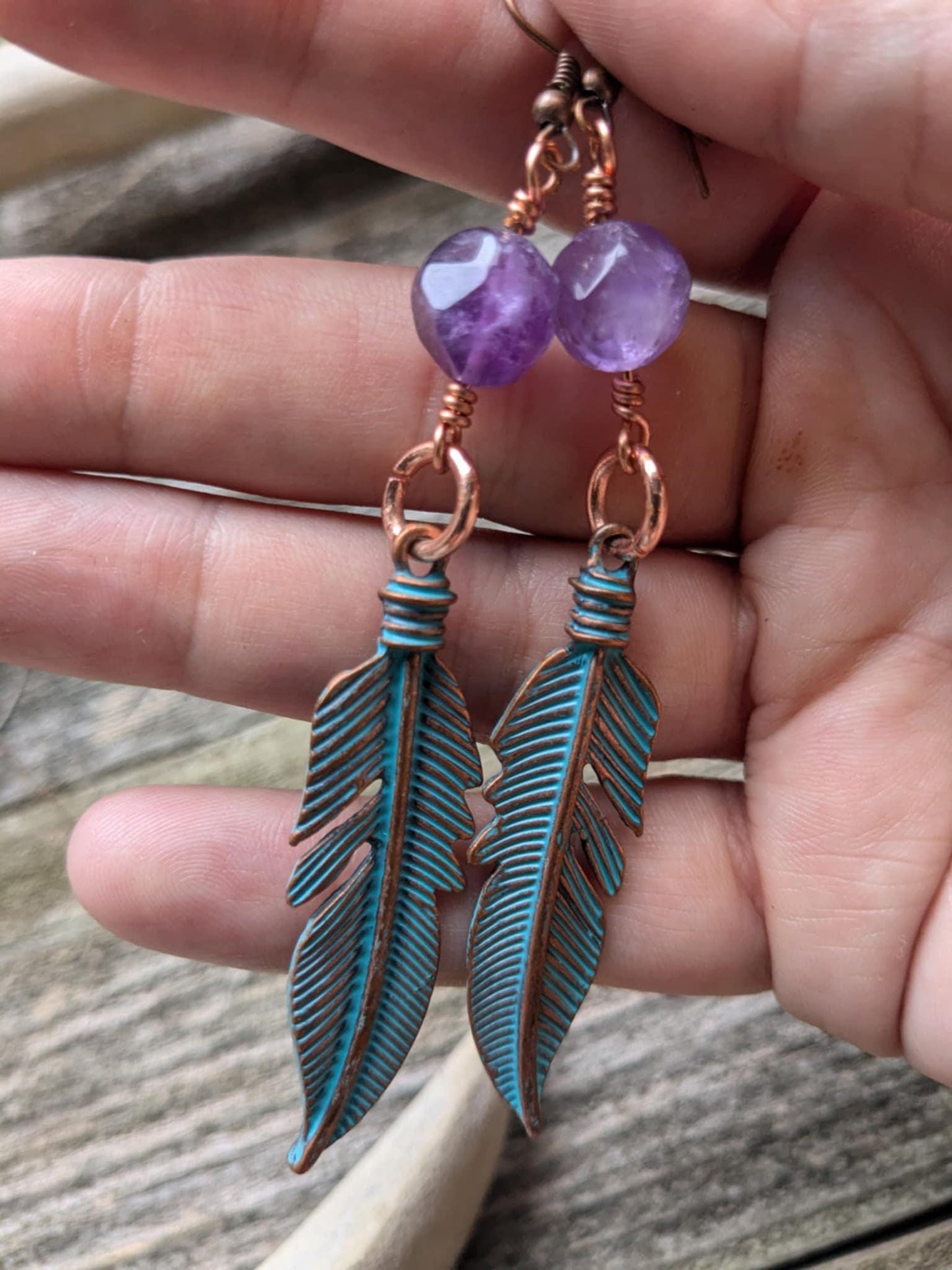 Turquoise Patina Feather Earrings w/ Amethyst