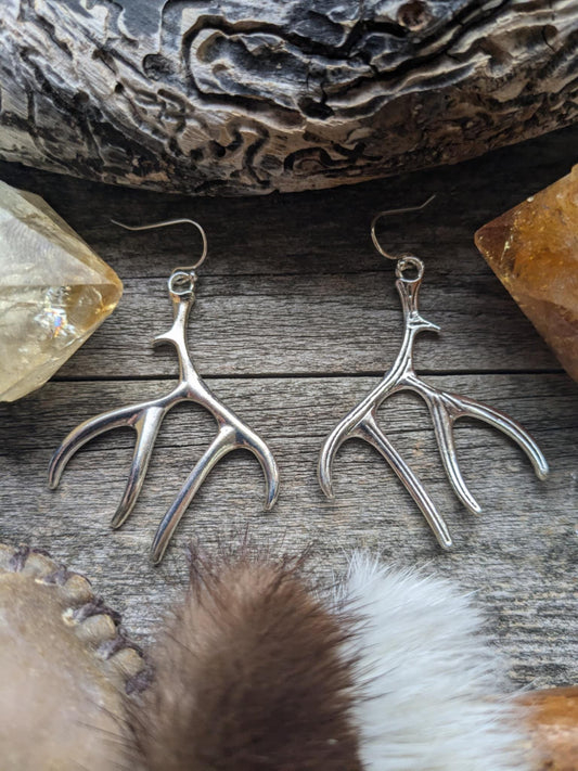 Long Silver Antler Earrings