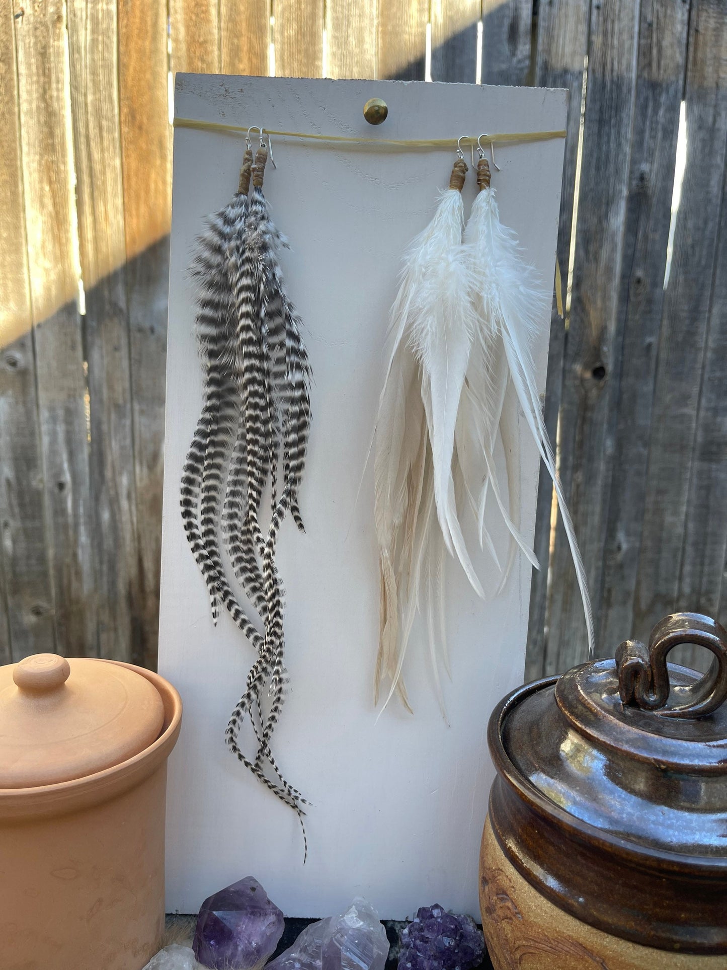 Long Handmade Feather Earrings - Natural Colors