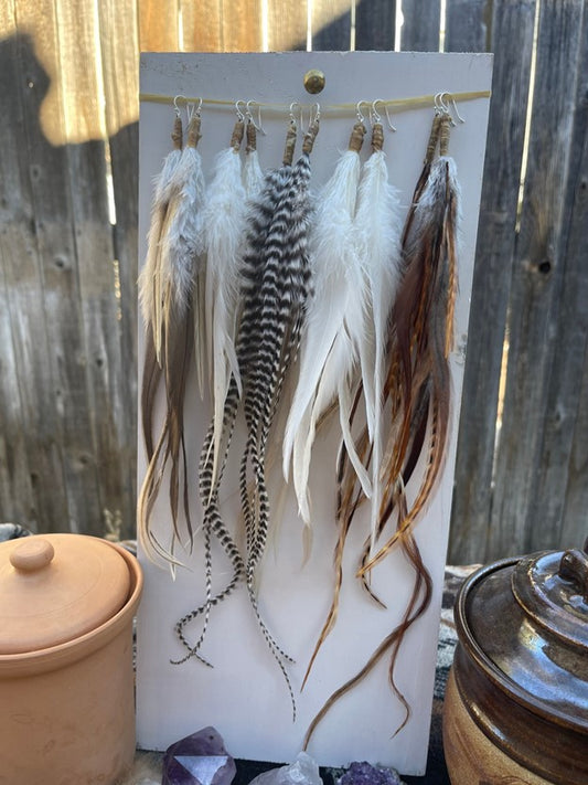 Long Handmade Feather Earrings - Natural Colors